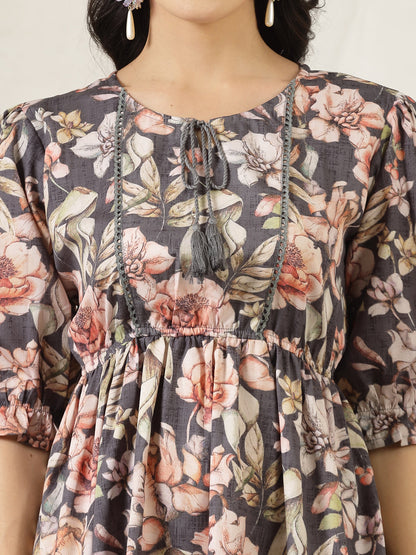 Dark Green Floral Printed Rayon Flared Dress