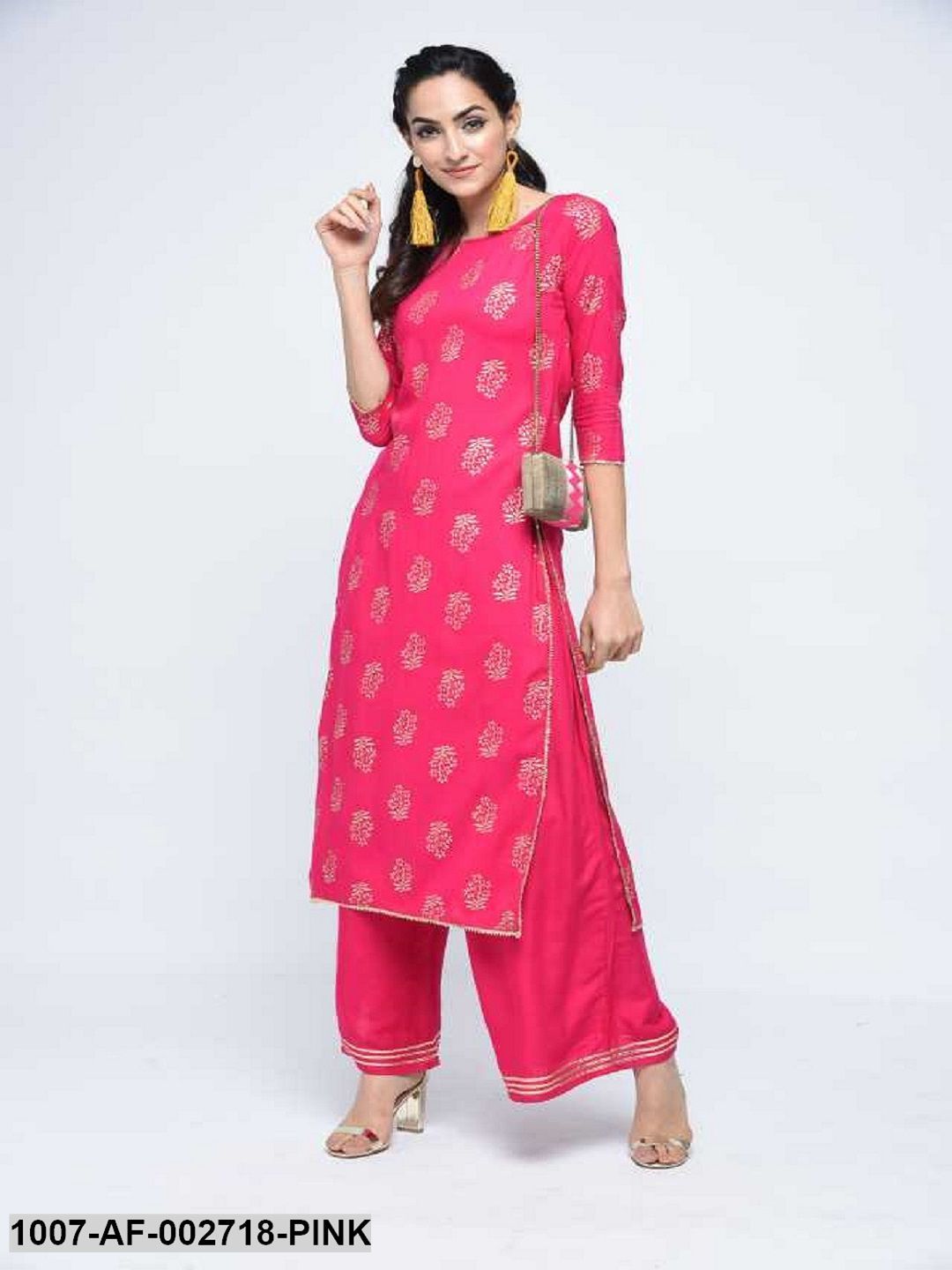 Gold Print Rayon Straight Kurta Palazzo Set (Pink) (Pre-Order)