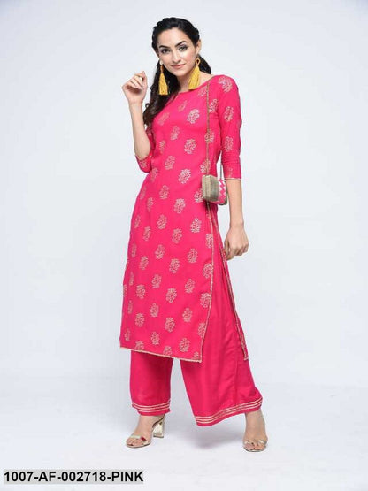 Gold Print Rayon Straight Kurta Palazzo Set (Pink) (Pre-Order)