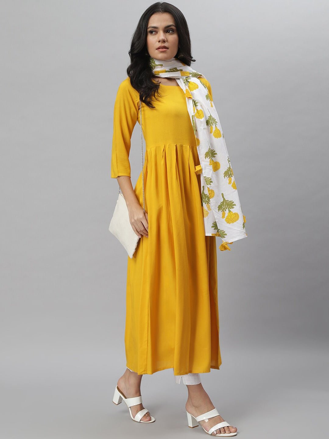 Solid Rayon Kurta Dupatta Set (Yellow,White) (Pre-Order)