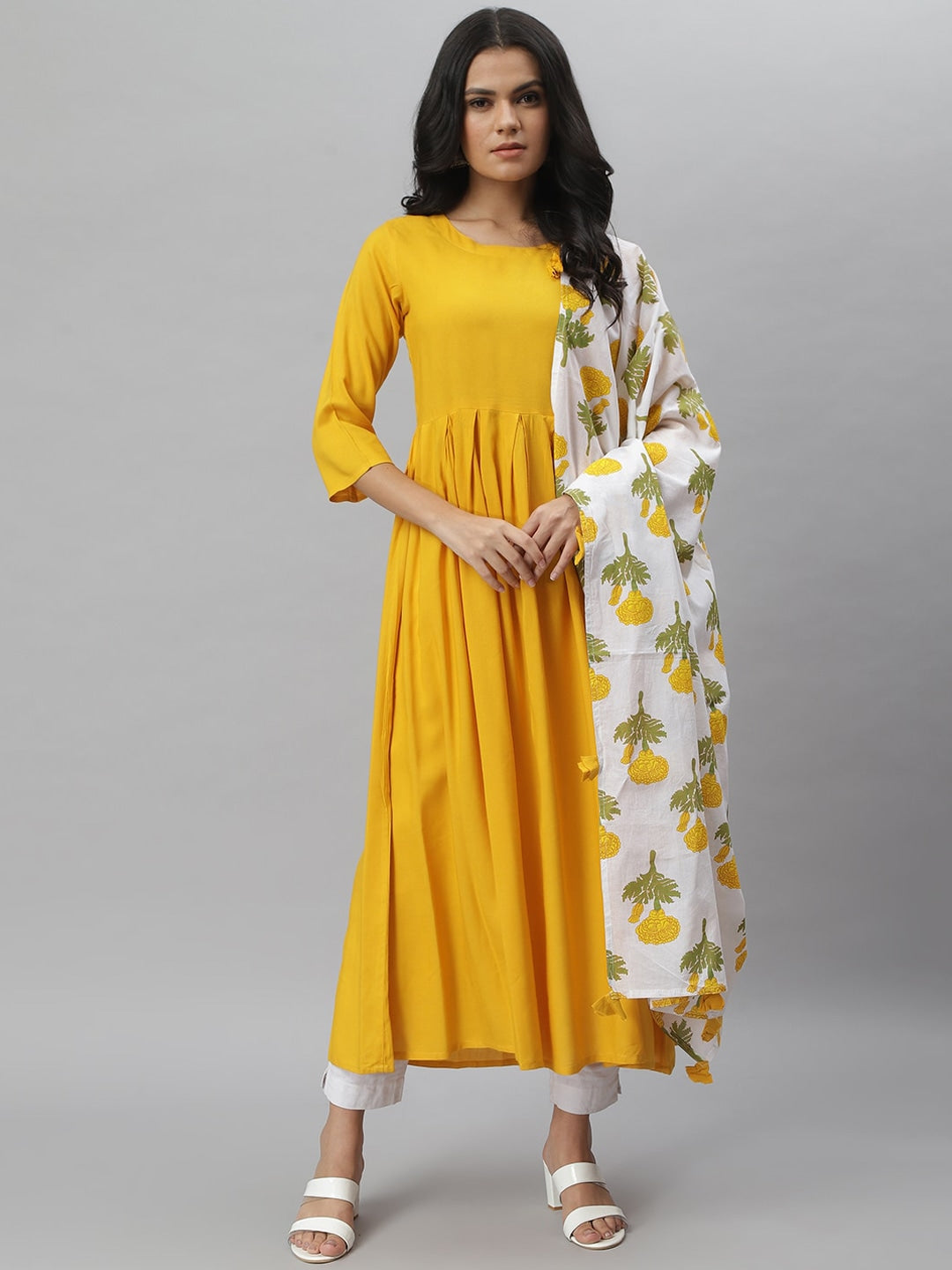 Solid Rayon Kurta Dupatta Set (Yellow,White) (Pre-Order)