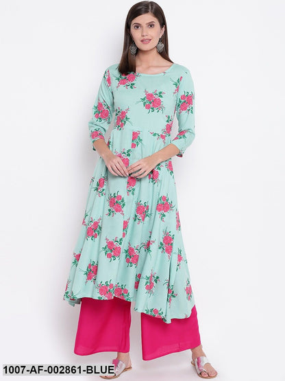 Floral Print Rayon Flared Kurta and Palazzo Set (Light Green,Pink) (Pre-Order)