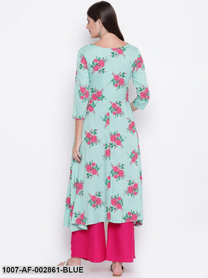 Floral Print Rayon Flared Kurta and Palazzo Set (Light Green,Pink) (Pre-Order)
