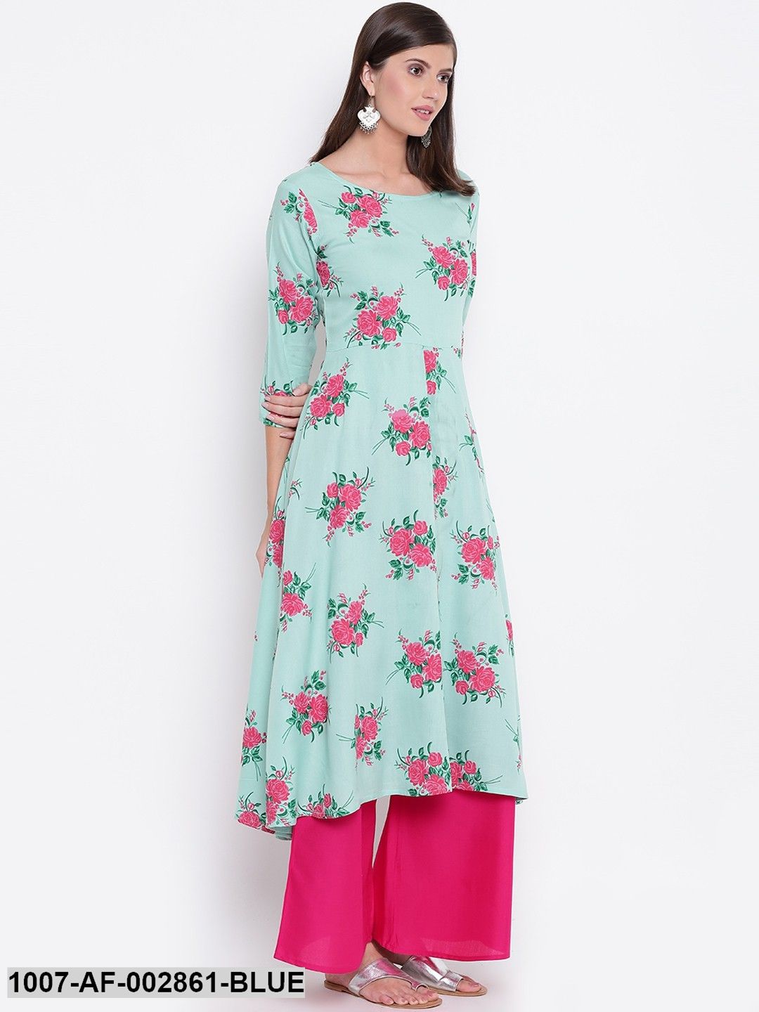 Floral Print Rayon Flared Kurta and Palazzo Set (Light Green,Pink) (Pre-Order)