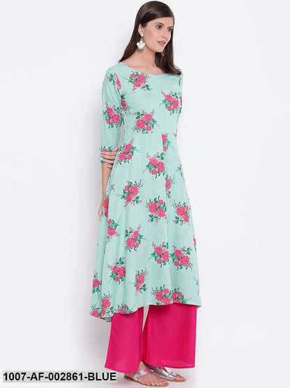 Floral Print Rayon Flared Kurta and Palazzo Set (Light Green,Pink) (Pre-Order)