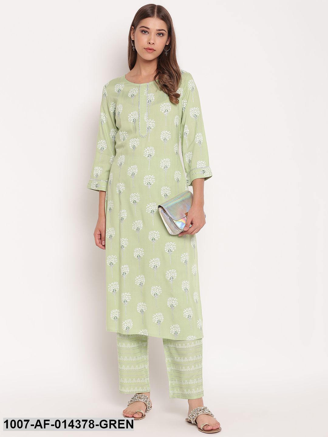 Floral Print Rayon Straight Kurta Pant Set (Mint Green) (Pre-Order)