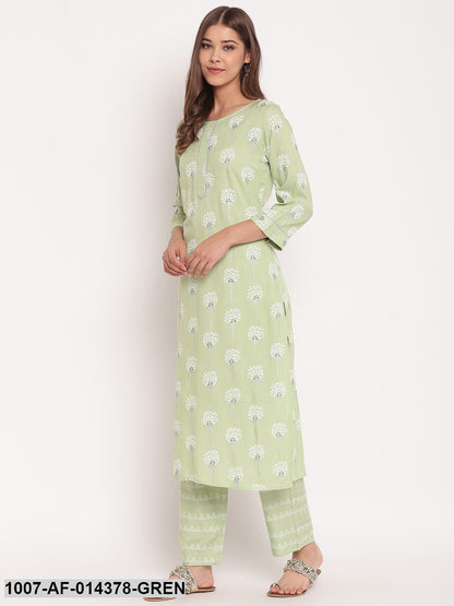 Floral Print Rayon Straight Kurta Pant Set (Mint Green) (Pre-Order)
