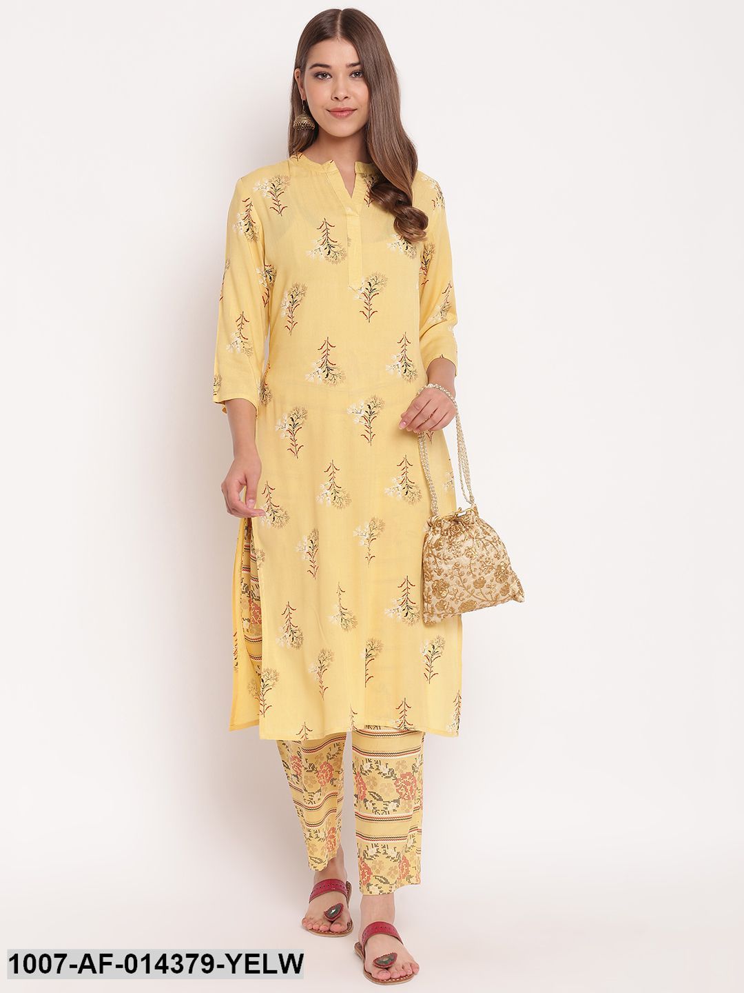 Floral Print Rayon Straight Kurta Pant Set (Lemon Yellow) (Pre-Order)