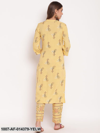 Floral Print Rayon Straight Kurta Pant Set (Lemon Yellow) (Pre-Order)