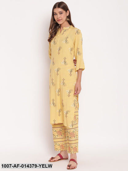 Floral Print Rayon Straight Kurta Pant Set (Lemon Yellow) (Pre-Order)