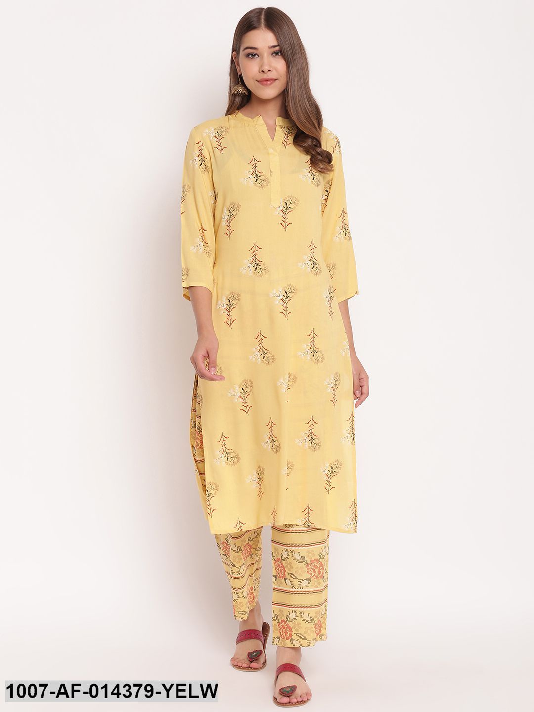 Floral Print Rayon Straight Kurta Pant Set (Lemon Yellow) (Pre-Order)