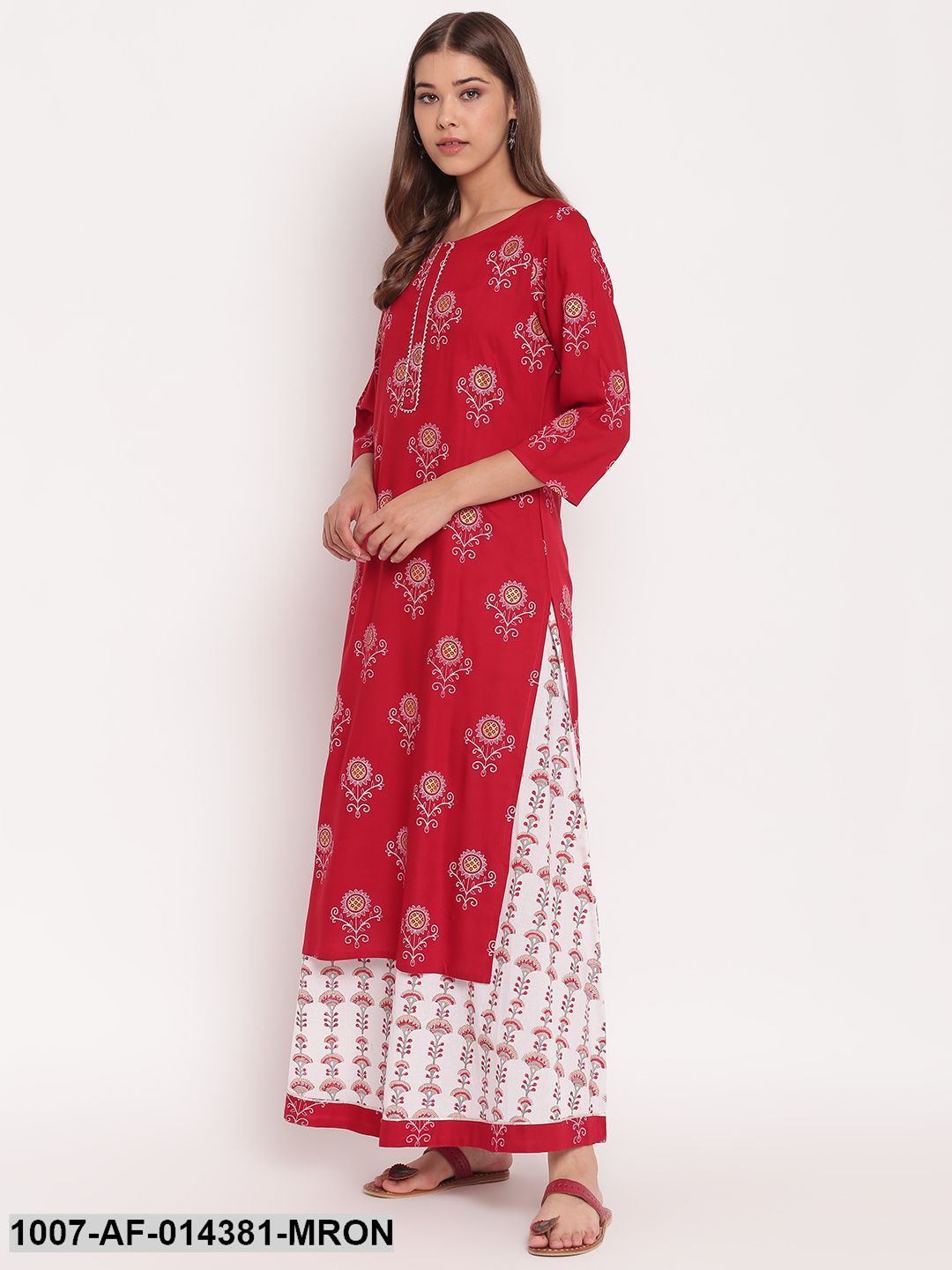 Floral Print Rayon Straight Kurta Skirt Set (Maroon,White) (Pre-Order)