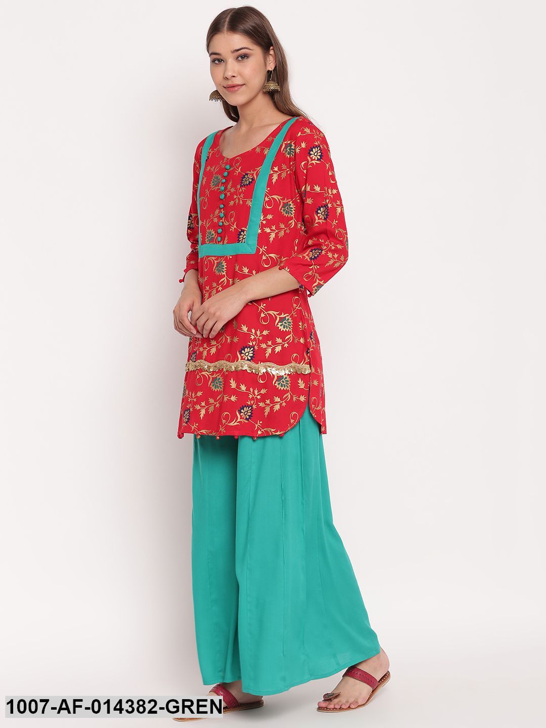 Gold Print Rayon Kurta Palazzo Dupatta Set (Red,Green) (Pre-Order)