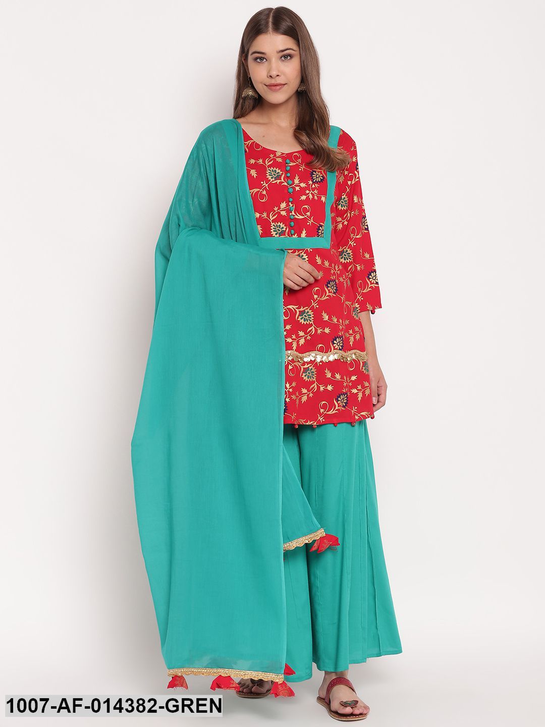 Gold Print Rayon Kurta Palazzo Dupatta Set (Red,Green) (Pre-Order)