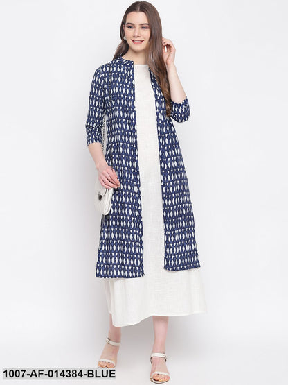 Printed Cotton Kurta with Jacket (Blue,White) (Pre-Order)