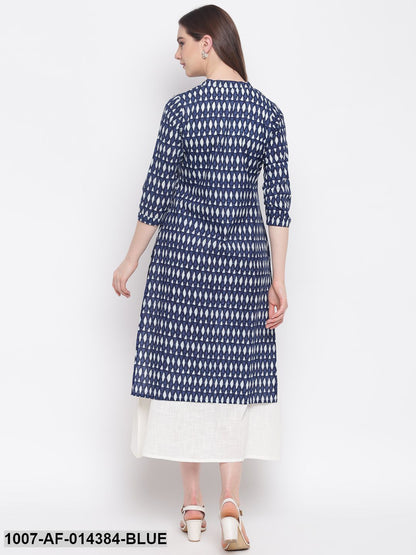 Printed Cotton Kurta with Jacket (Blue,White) (Pre-Order)