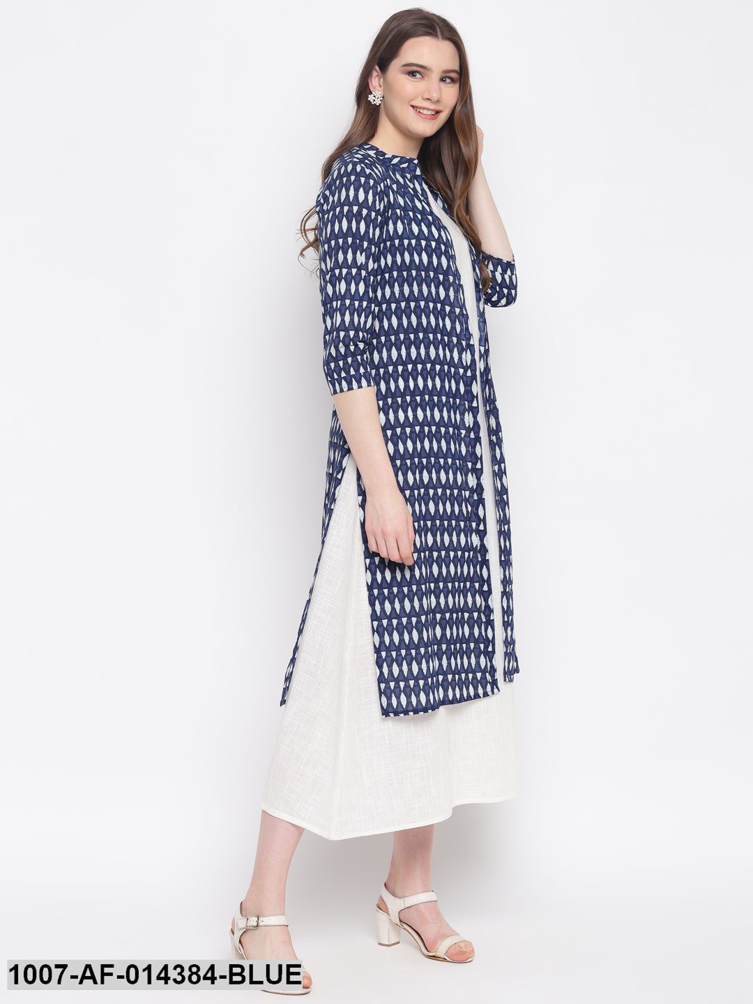 Printed Cotton Kurta with Jacket (Blue,White) (Pre-Order)