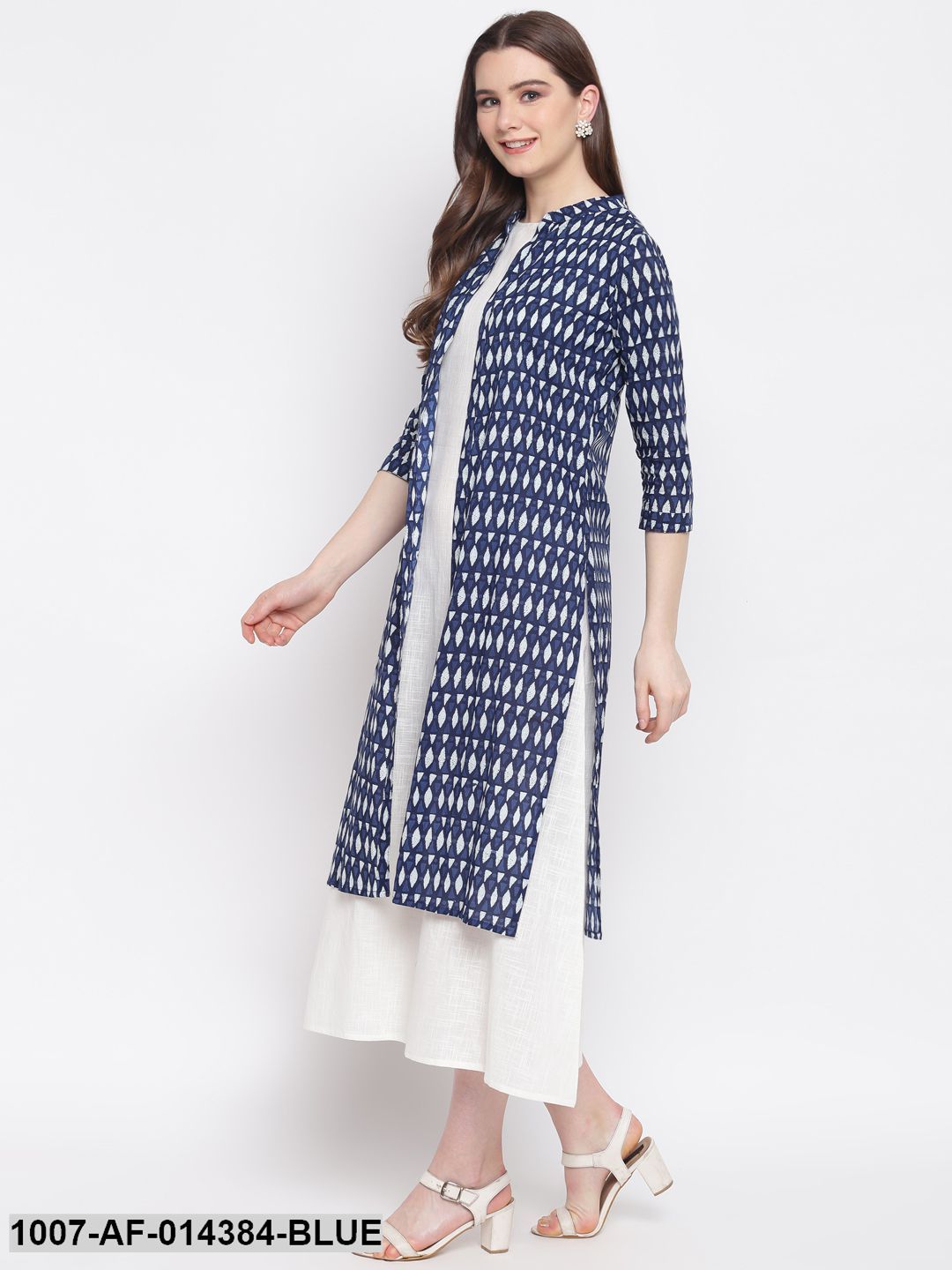 Printed Cotton Kurta with Jacket (Blue,White) (Pre-Order)