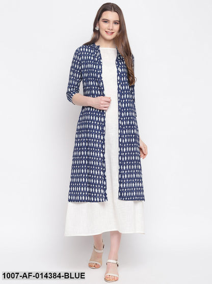 Printed Cotton Kurta with Jacket (Blue,White) (Pre-Order)