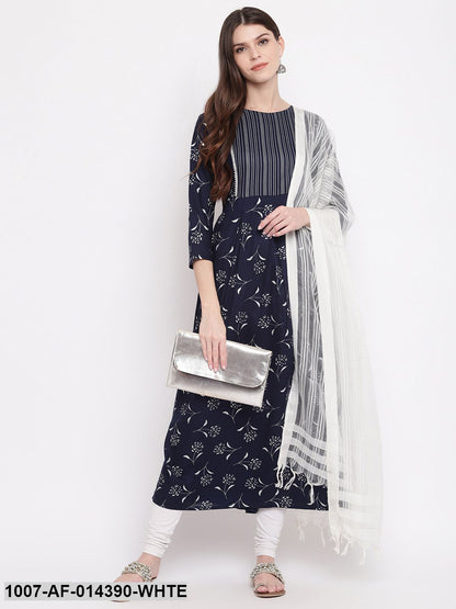 Silver Print Rayon Pleated kurta Dupatta Set (Navy Blue) (Pre-Order)