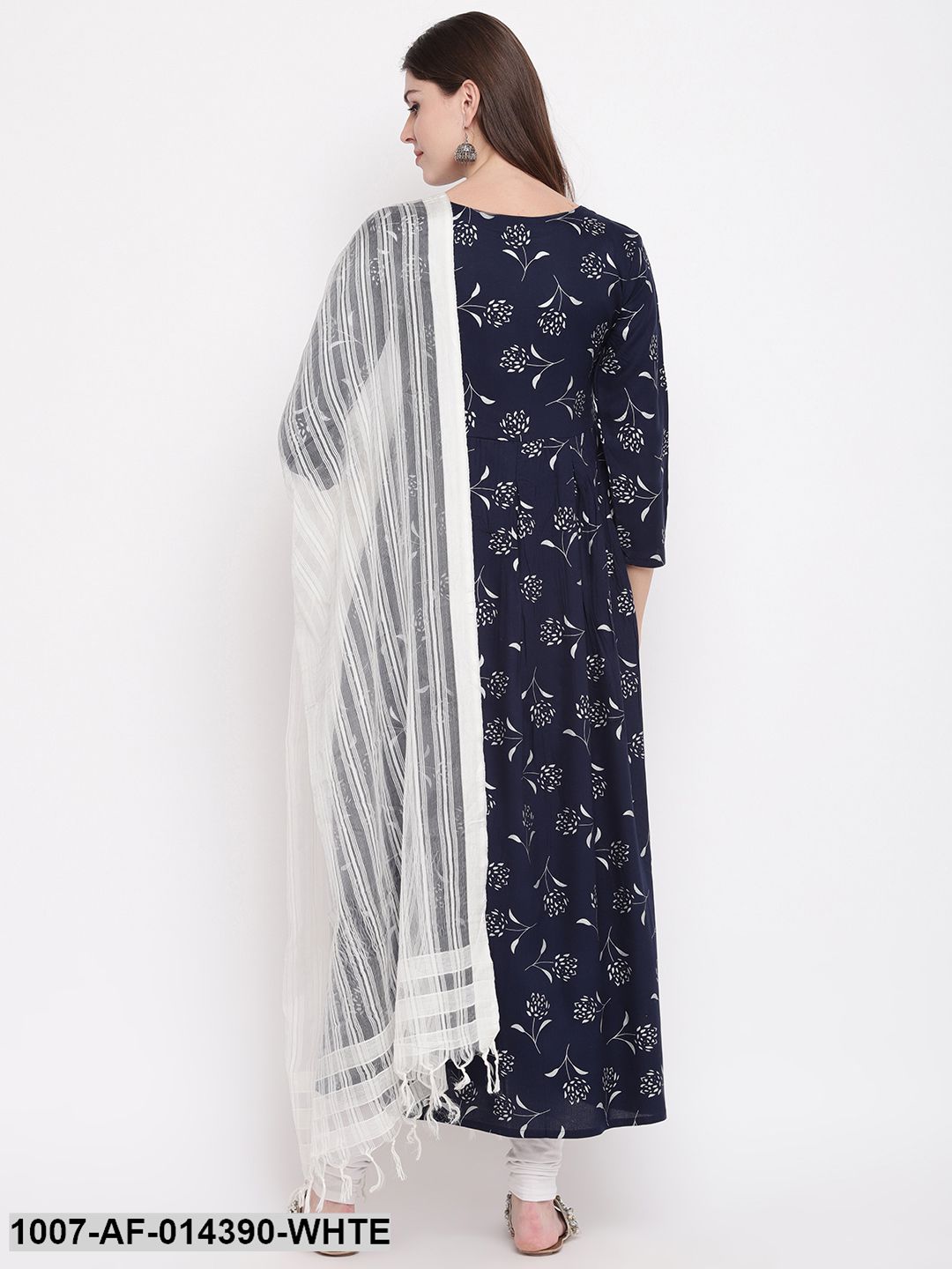 Silver Print Rayon Pleated kurta Dupatta Set (Navy Blue) (Pre-Order)