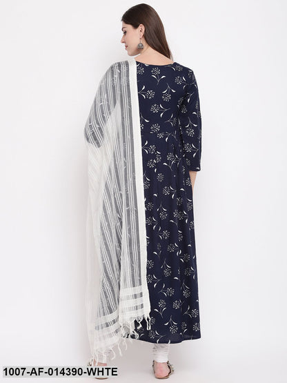 Silver Print Rayon Pleated kurta Dupatta Set (Navy Blue) (Pre-Order)