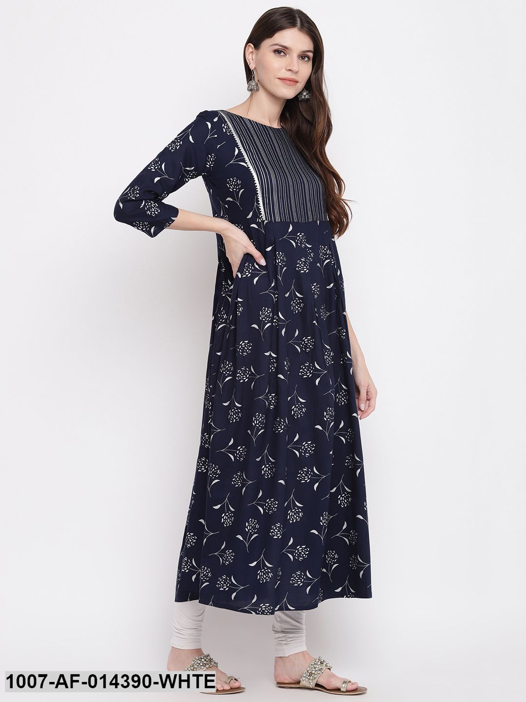 Silver Print Rayon Pleated kurta Dupatta Set (Navy Blue) (Pre-Order)