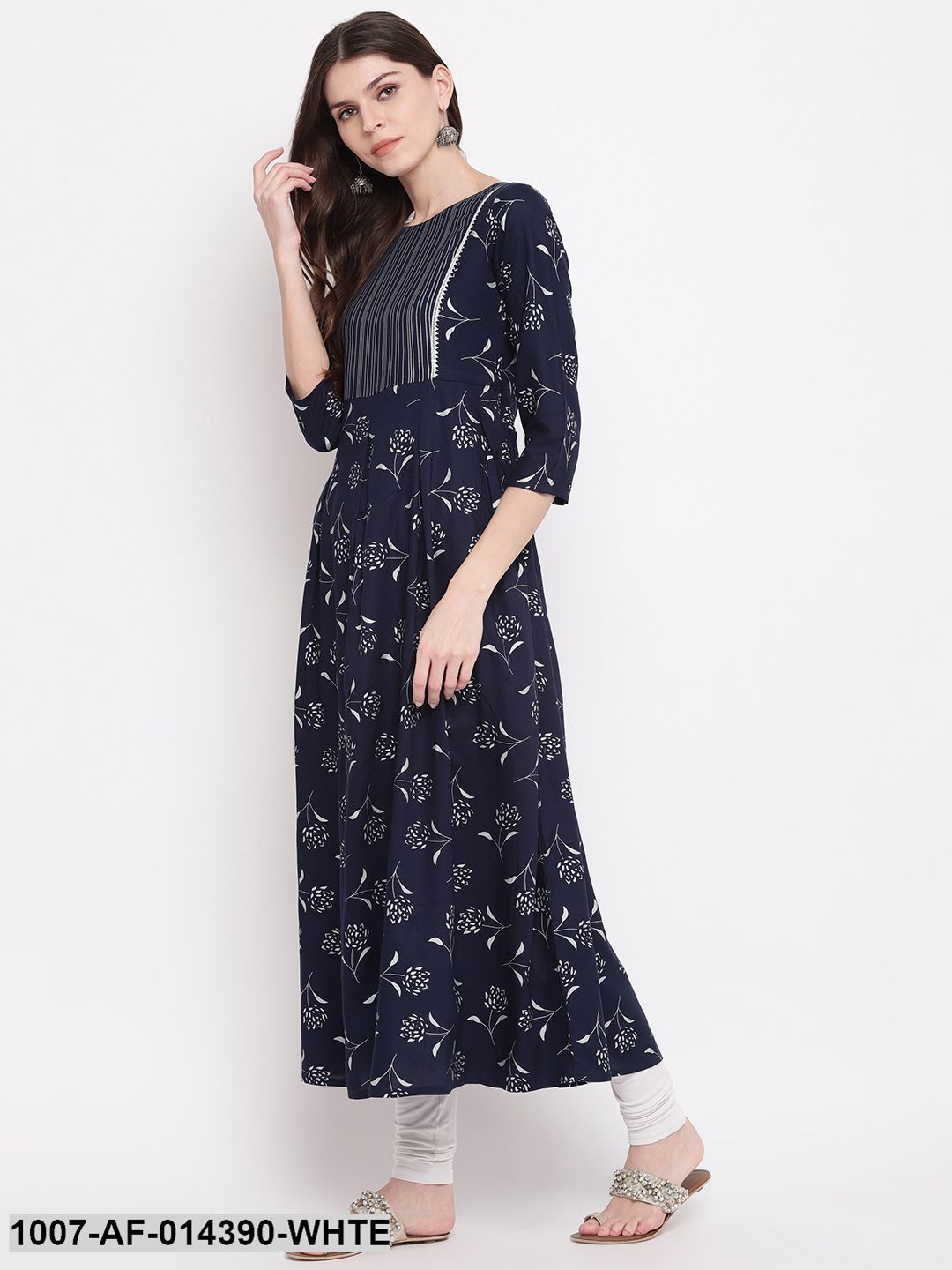 Silver Print Rayon Pleated kurta Dupatta Set (Navy Blue) (Pre-Order)