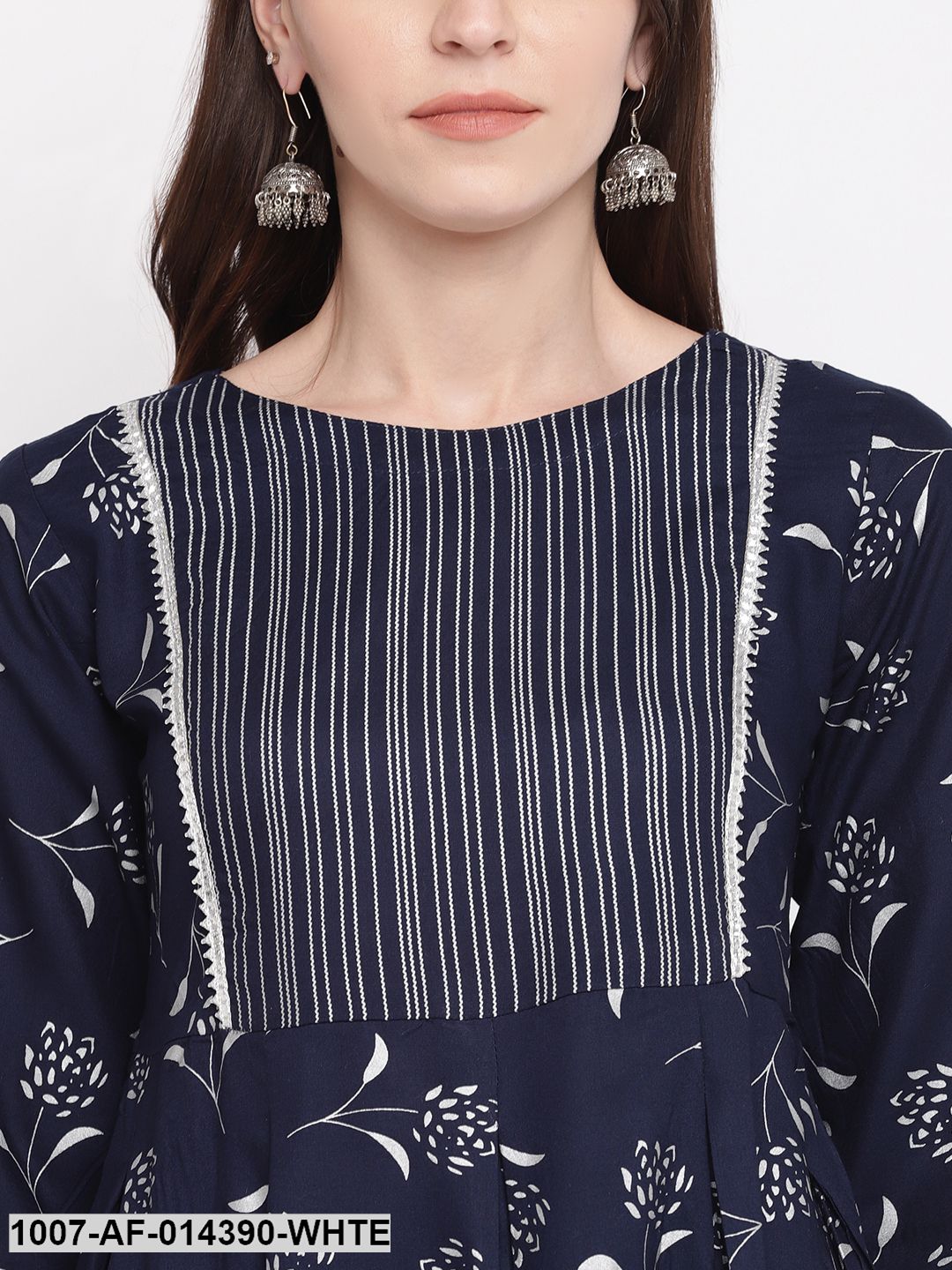 Silver Print Rayon Pleated kurta Dupatta Set (Navy Blue) (Pre-Order)