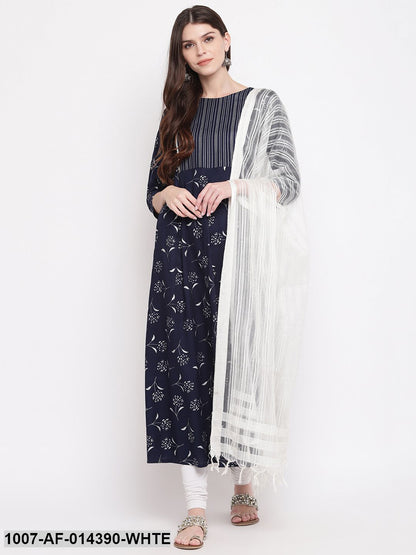 Silver Print Rayon Pleated kurta Dupatta Set (Navy Blue) (Pre-Order)