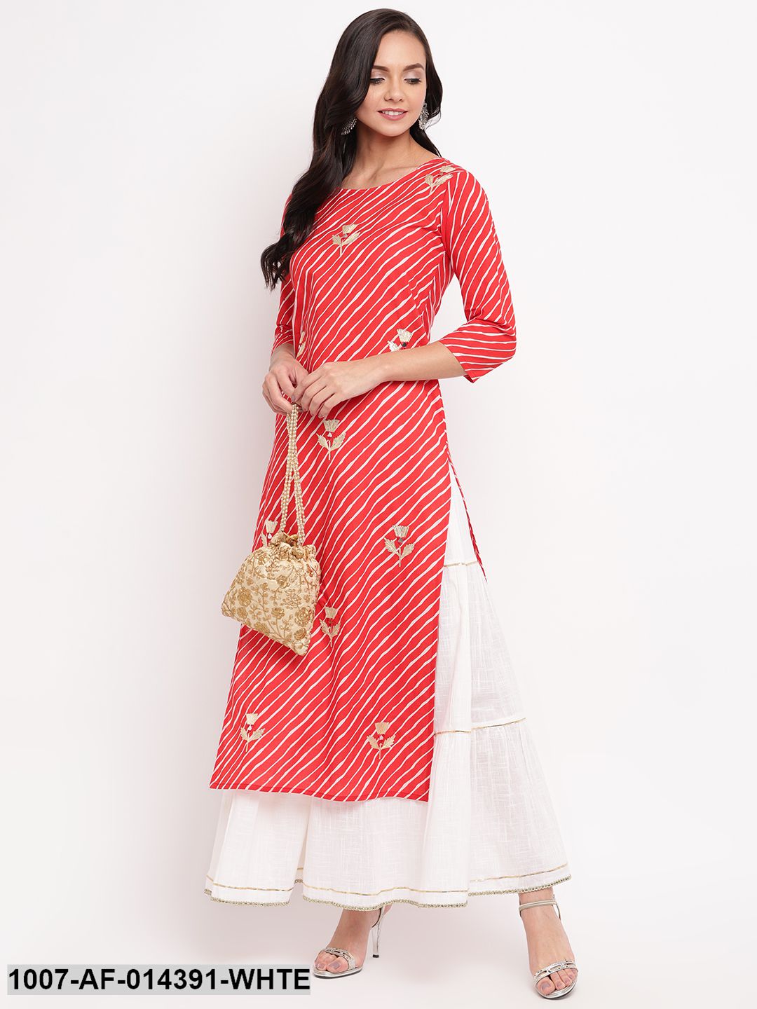 Gota Patti Work Cotton Straight kurta Skirt Set (Red,White) (Pre-Order)