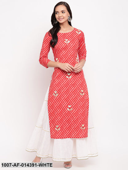 Gota Patti Work Cotton Straight kurta Skirt Set (Red,White) (Pre-Order)
