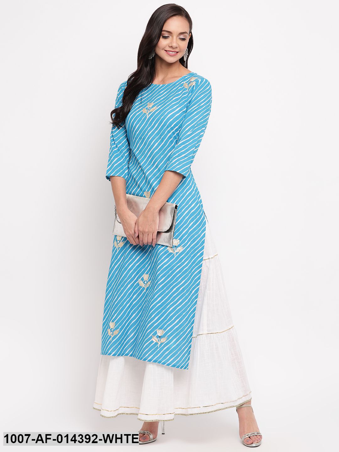 Gota Patti Work Cotton Straight kurta Skirt Set (Sky Blue,White) (Pre-Order)