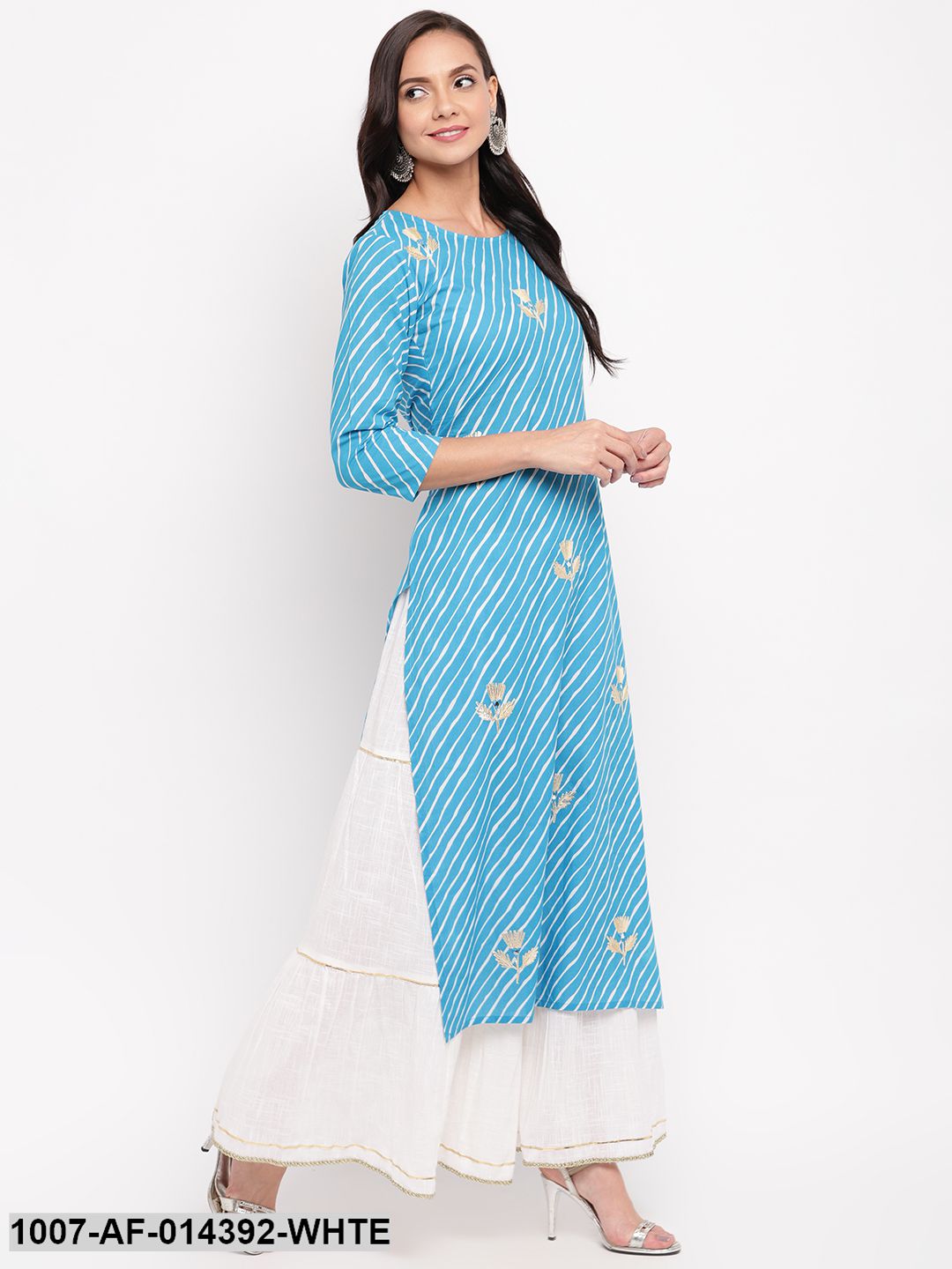 Gota Patti Work Cotton Straight kurta Skirt Set (Sky Blue,White) (Pre-Order)