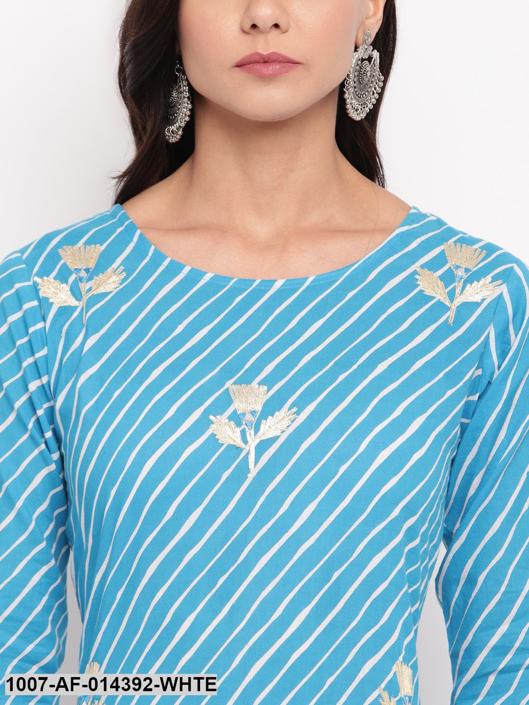 Gota Patti Work Cotton Straight kurta Skirt Set (Sky Blue,White) (Pre-Order)