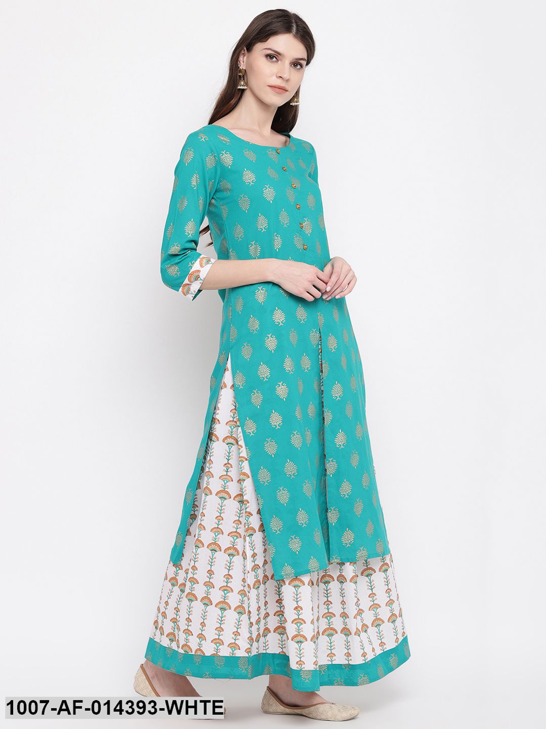 Gold Print Cotton Front Slit kurta Skirt Set (Green,White) (Pre-Order)