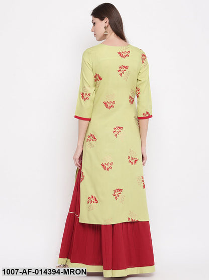 Gold Printed Rayon Straight kurta Skirt Set (Green,Maroon) (Pre-Order)