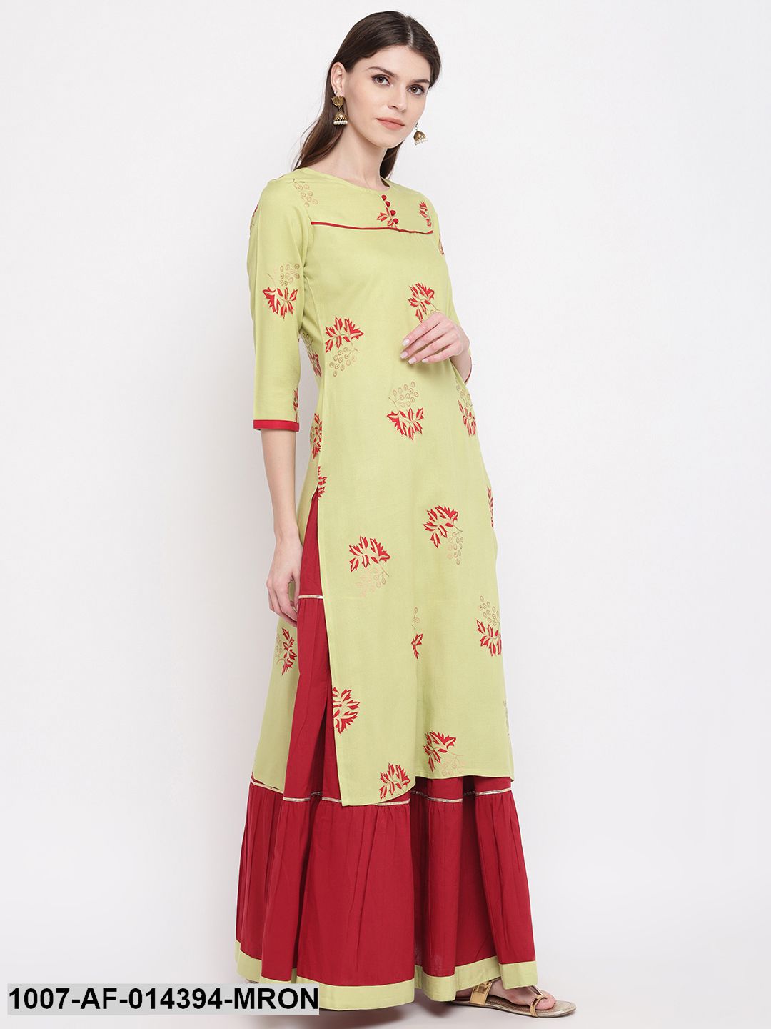 Gold Printed Rayon Straight kurta Skirt Set (Green,Maroon) (Pre-Order)