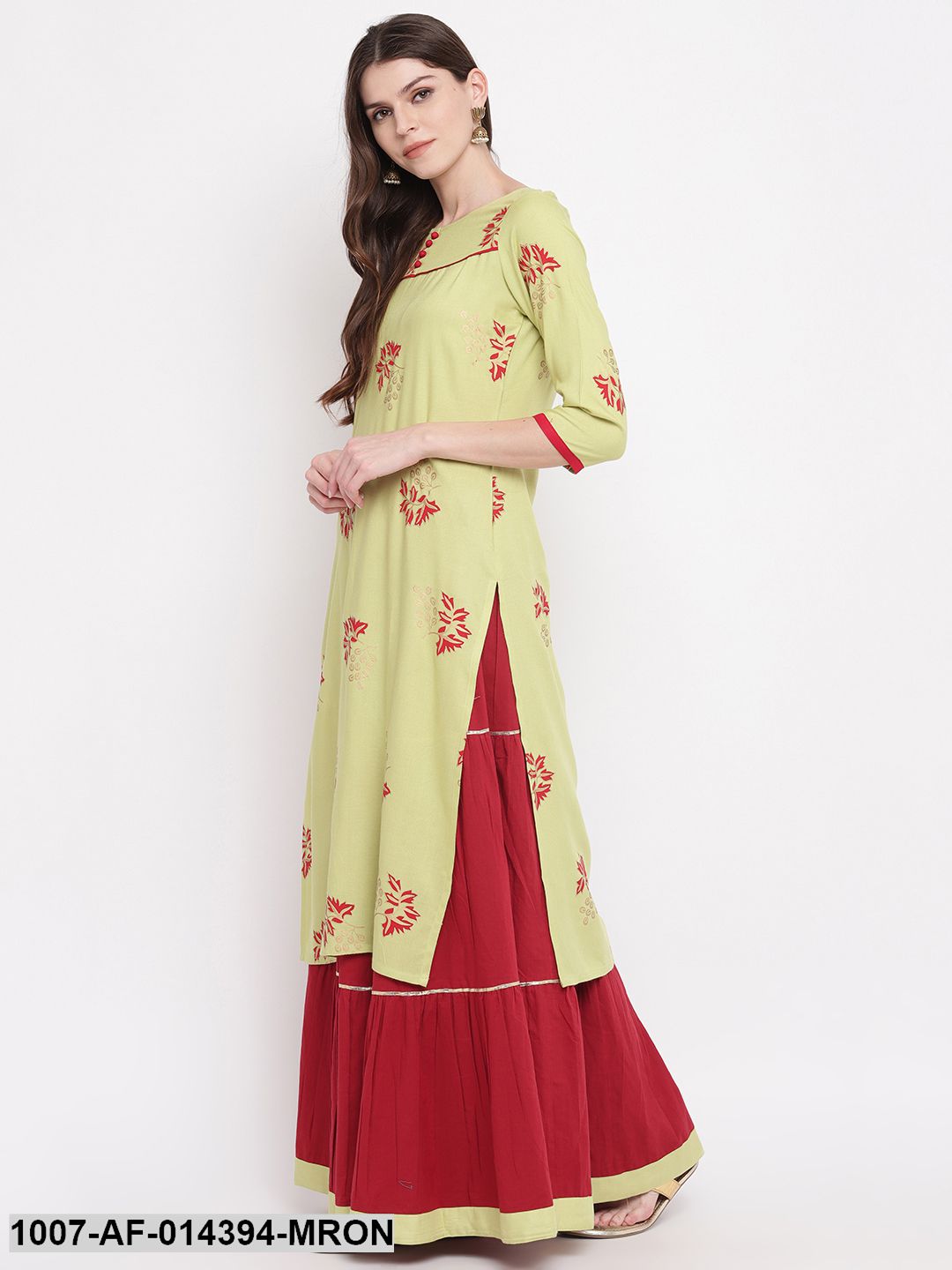 Gold Printed Rayon Straight kurta Skirt Set (Green,Maroon) (Pre-Order)