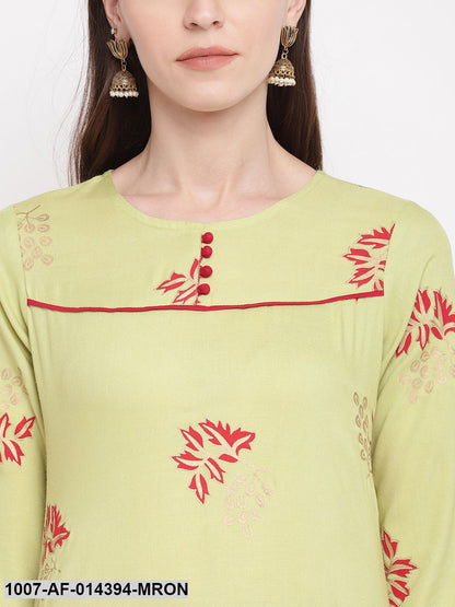 Gold Printed Rayon Straight kurta Skirt Set (Green,Maroon) (Pre-Order)