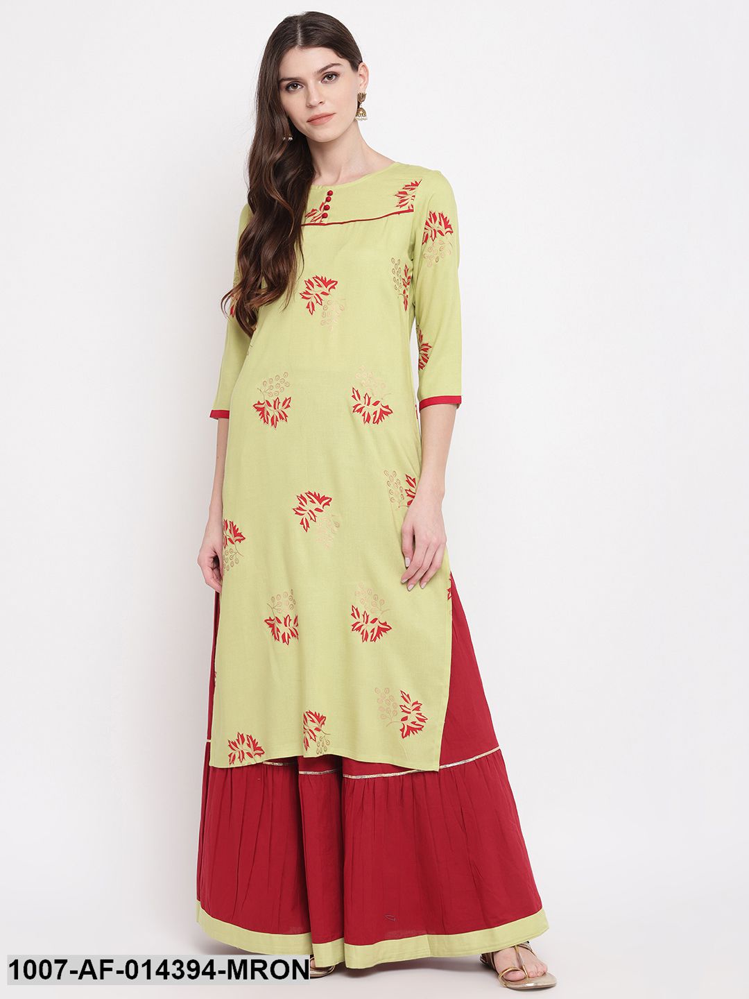 Gold Printed Rayon Straight kurta Skirt Set (Green,Maroon) (Pre-Order)
