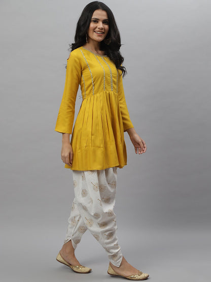 Embellished Rayon Pleated kurta Dhoti Pant Set (Mustard,Off White) (Pre-Order)