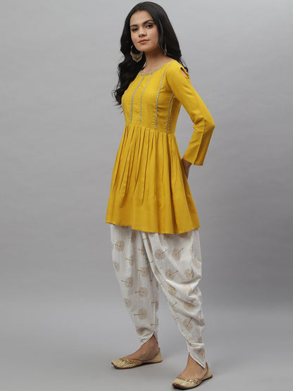 Embellished Rayon Pleated kurta Dhoti Pant Set (Mustard,Off White) (Pre-Order)