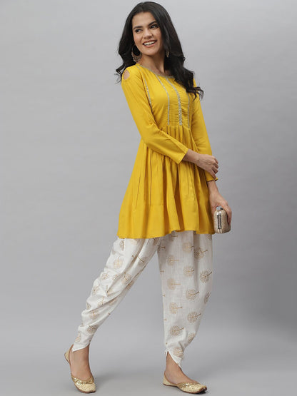 Embellished Rayon Pleated kurta Dhoti Pant Set (Mustard,Off White) (Pre-Order)