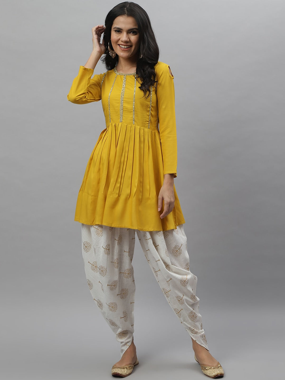 Embellished Rayon Pleated kurta Dhoti Pant Set (Mustard,Off White) (Pre-Order)