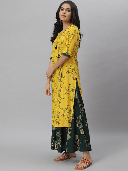 Printed Rayon Straight kurta Skirt Set (Mustard,Dark Green) (Pre-Order)