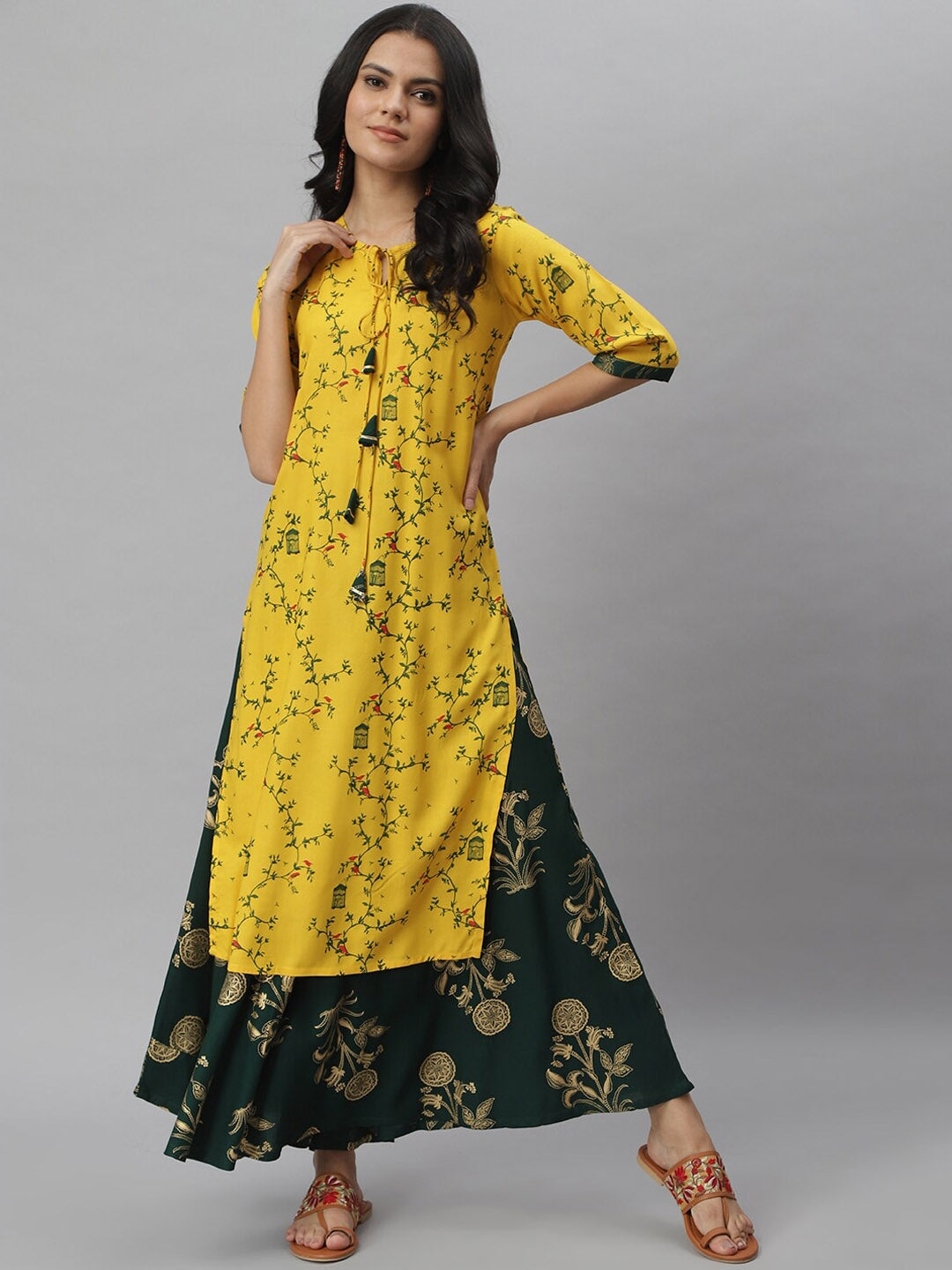 Printed Rayon Straight kurta Skirt Set (Mustard,Dark Green) (Pre-Order)
