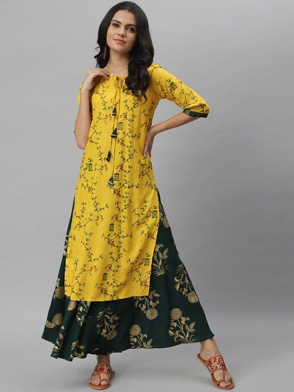 Printed Rayon Straight kurta Skirt Set (Mustard,Dark Green) (Pre-Order)