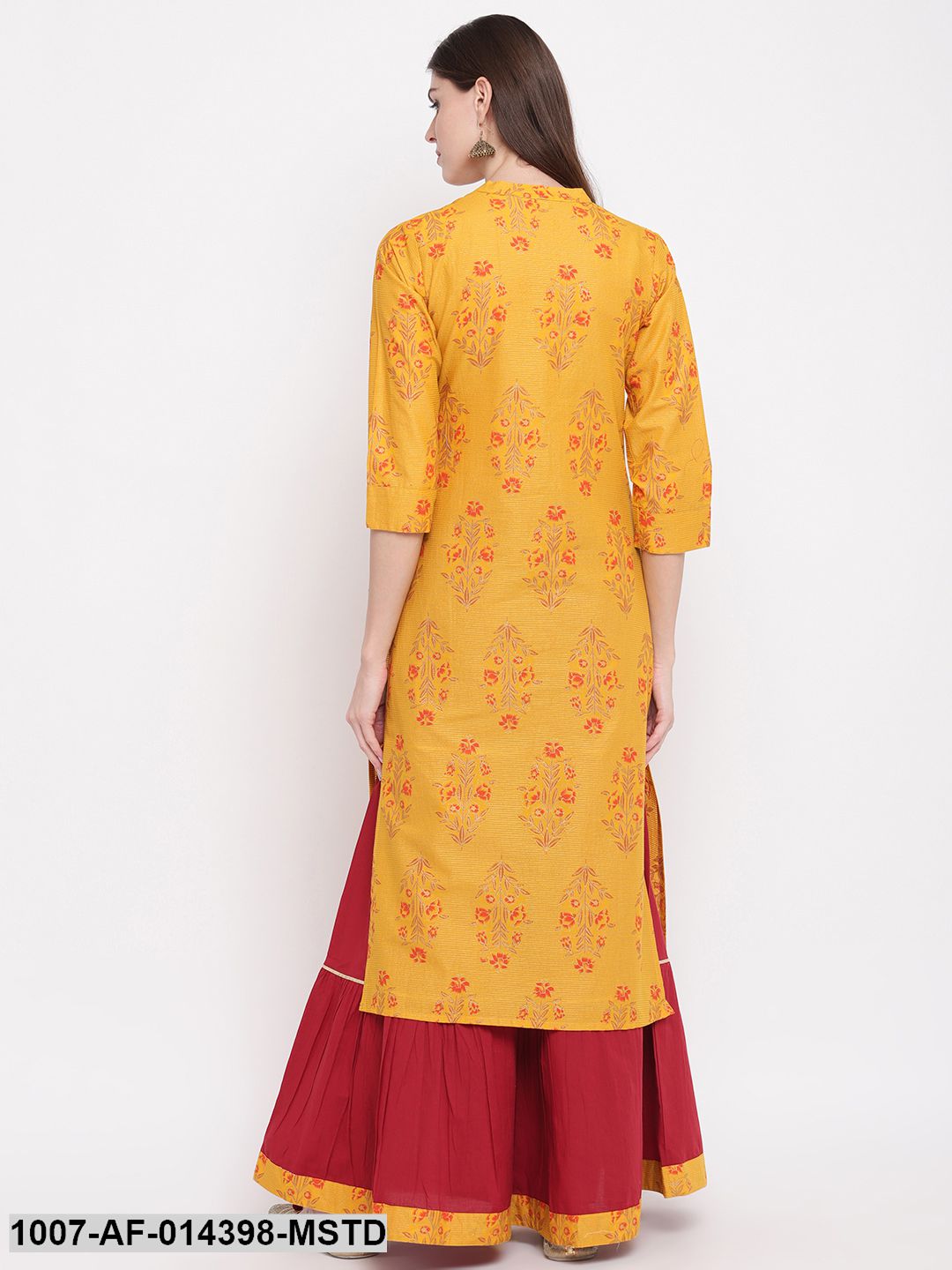 Floral Print Cotton Straight kurta Skirt Set (Mustard,Maroon) (Pre-Order)