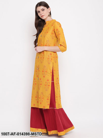 Floral Print Cotton Straight kurta Skirt Set (Mustard,Maroon) (Pre-Order)